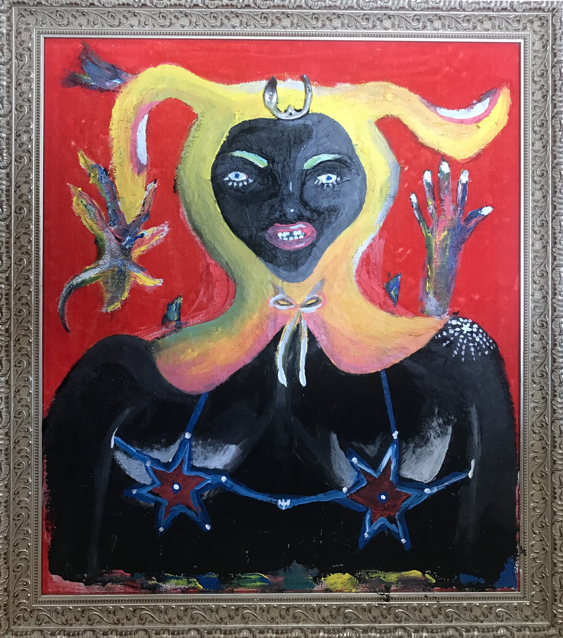 Gallo’s Bunny, 86*76 cm, silicon sealant+paint on framed carpet, 2022