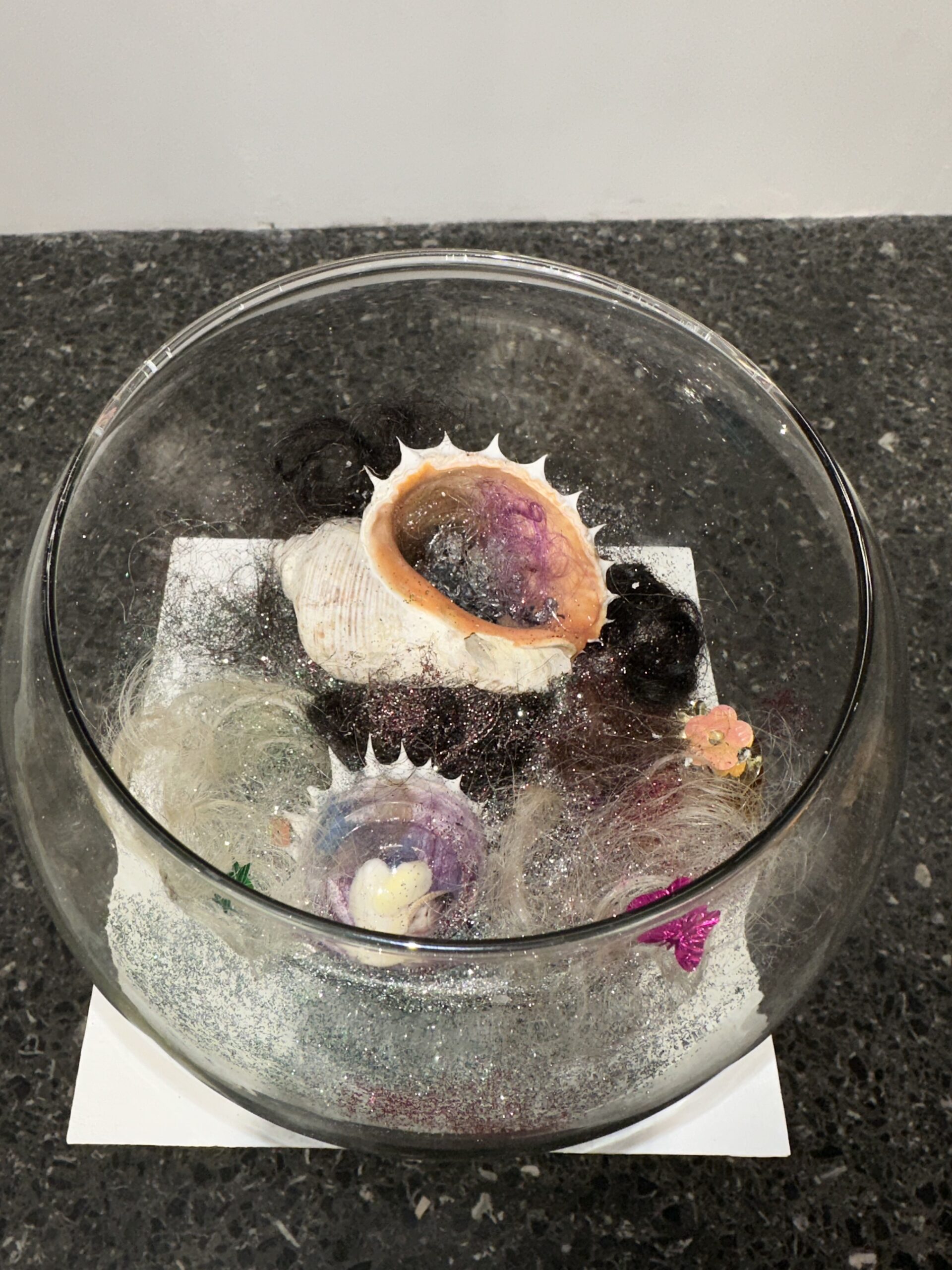 Witch Soup, installation (hair, glitter, glass bowl, seashell, lead, silicone), various sizes, 2023